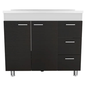 English Elm 3-Drawer White and Wengue Base Cabinet with Pre-Drilled Faucet Hole, 3 Drawers & 2 Doors, 39.37" wide B062S00040