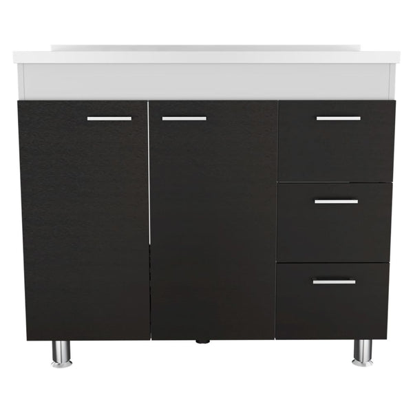 English Elm 3-Drawer White and Wengue Base Cabinet with Pre-Drilled Faucet Hole, 3 Drawers & 2 Doors, 39.37" wide B062S00040