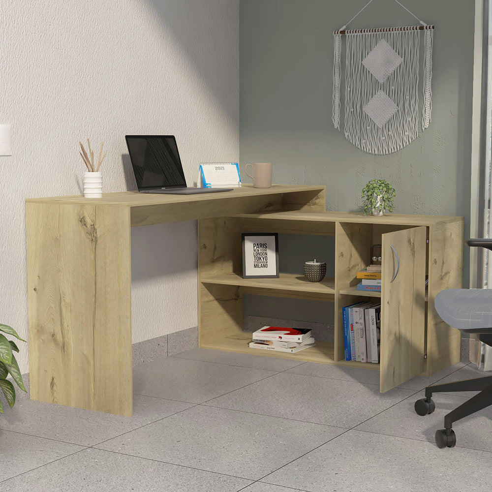 English Elm Lyncliff Light Oak L-Shaped Office Desk with Drawer & Shelves — Corner-Saving, Airy Workstation for Home B062S00036