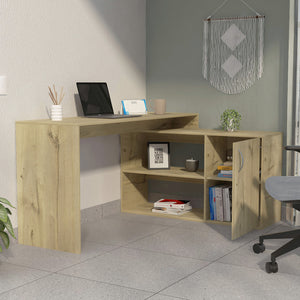 English Elm Lyncliff Light Oak L-Shaped Office Desk with Drawer & Shelves — Corner-Saving, Airy Workstation for Home B062S00036