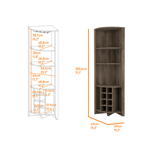 English Elm Morgana Corner Bar Cabinet with 8 Wine Cubbies, 5 Shelves & Cup Rack — Macadamia Finish Elegance Dark Brown B062S00019