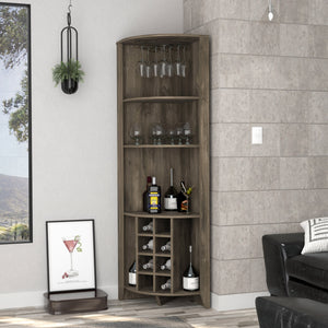 English Elm Morgana Corner Bar Cabinet with 8 Wine Cubbies, 5 Shelves & Cup Rack — Macadamia Finish Elegance Dark Brown B062S00019