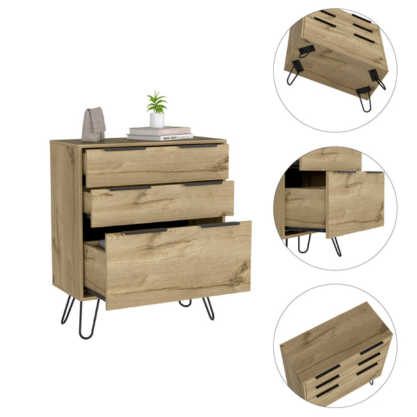 English Elm Kirsage 3-Drawer Dresser in Light Oak with Steel Legs — Compact, Durable Storage for Bedroom or Office (98) B06280380