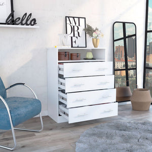 English Elm Dover Four-Drawer Rectangle Dresser with Open Shelf and Metal Hardware — Modern Storage for Bedroom Elegance White B062S00072