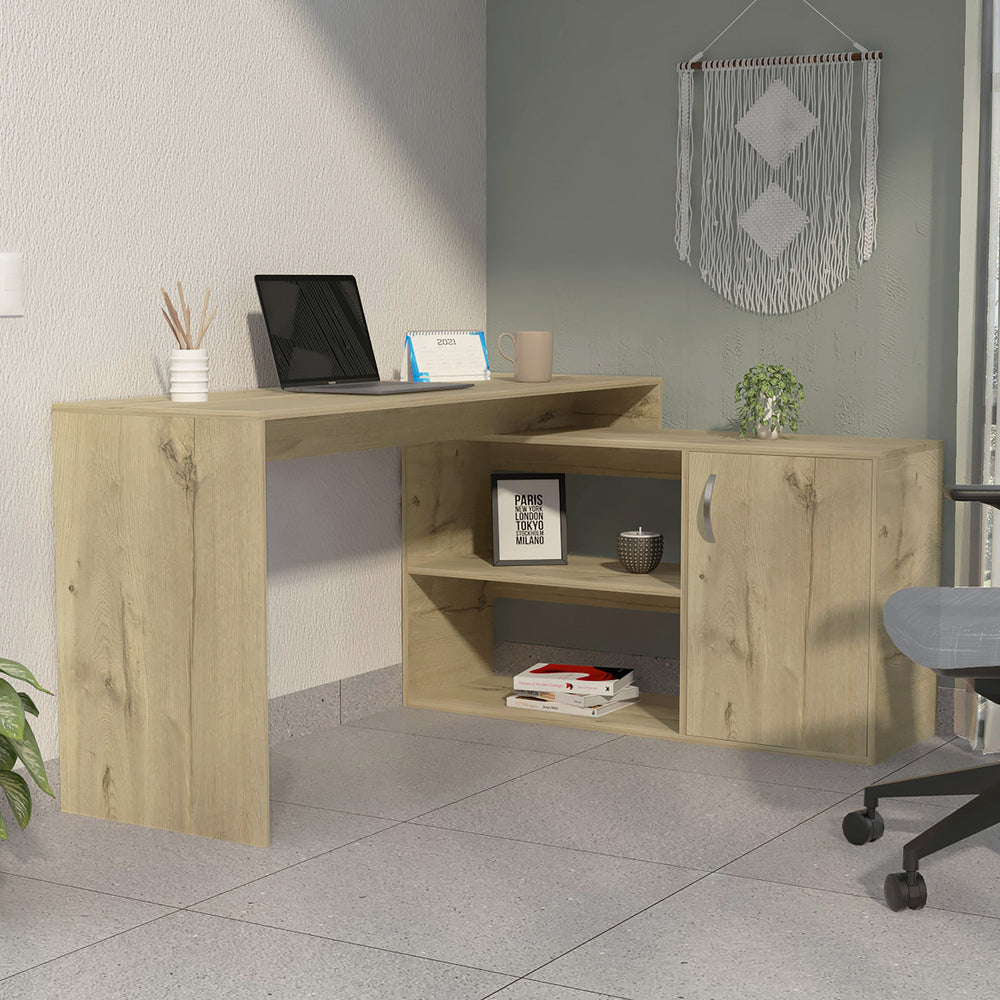English Elm Lyncliff Light Oak L-Shaped Office Desk with Drawer & Shelves — Corner-Saving, Airy Workstation for Home B062S00036