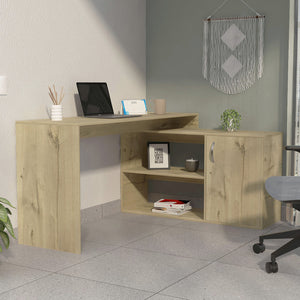 English Elm Lyncliff Light Oak L-Shaped Office Desk with Drawer & Shelves — Corner-Saving, Airy Workstation for Home B062S00036