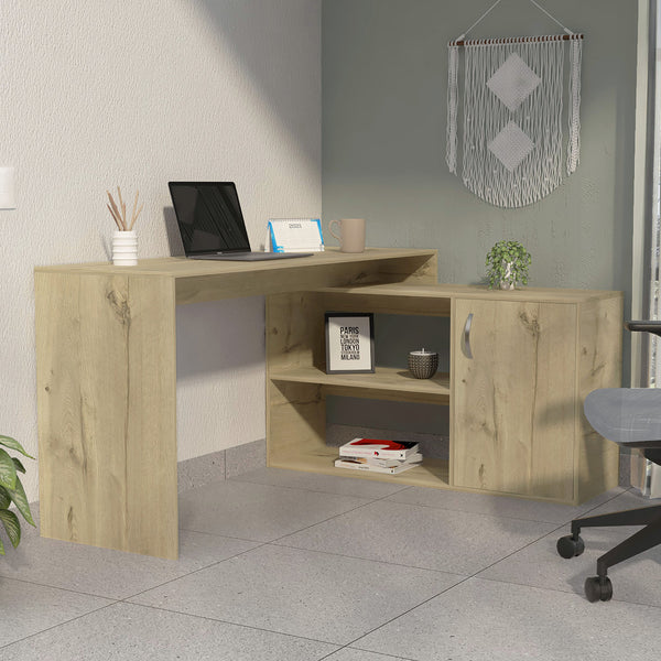 English Elm Lyncliff Light Oak L-Shaped Office Desk with Drawer & Shelves — Corner-Saving, Airy Workstation for Home B062S00036