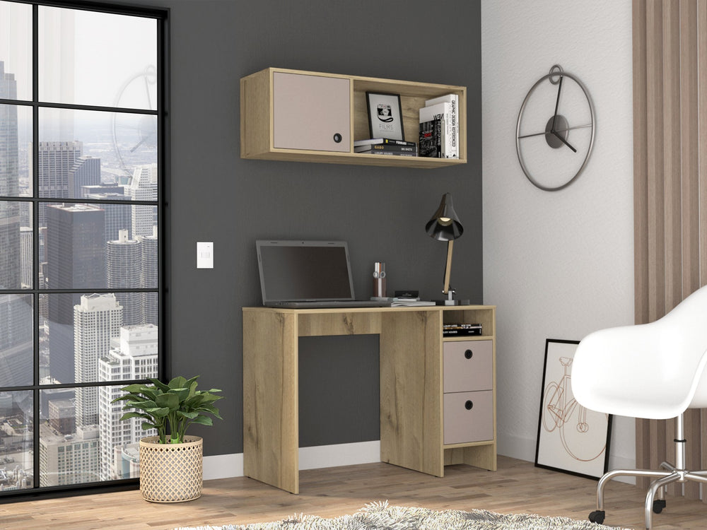 English Elm Light Oak Two-Piece Office Set with Desk & Wall Cabinet, 3 Drawers, 2 Shelves, Taupe Accent for Modern Home Office Spaces B062S00160