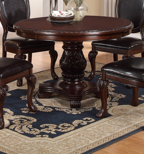 English Elm Classic Formal Dining Set 5pc - Carved Floral Pedestal Round Table with 4 Faux Leather Upholstered Chairs B011S00278