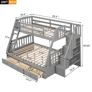 English Elm Twin-over-full Bunk Bed with Storage Staircase Drawers and Pine Wood Frame Gray LT000223AAE