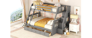 English Elm Twin-over-full Bunk Bed with Storage Staircase Drawers and Pine Wood Frame Gray LT000223AAE