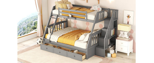 English Elm Twin-over-full Bunk Bed with Storage Staircase Drawers and Pine Wood Frame Gray LT000223AAE