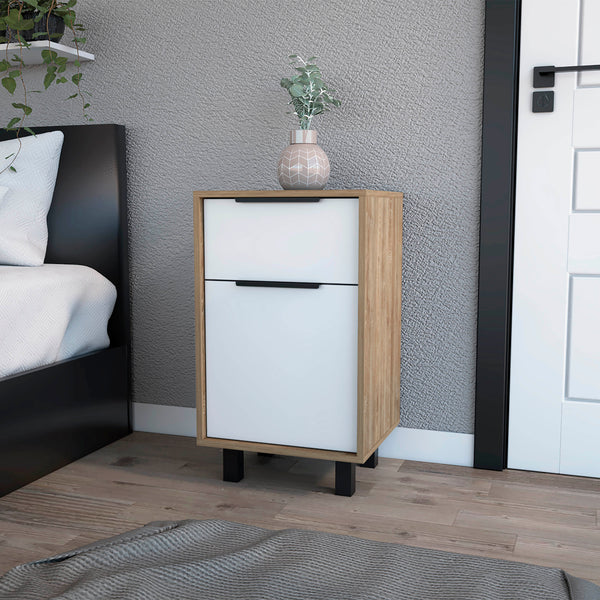 English Elm White White and Pine 1-Drawer Nightstand with Cabinet and Shelf, Elegant Legs, Spacious Top Display B06280710