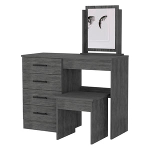 English Elm Stonington Smokey Oak 4-Drawer Makeup Dressing Table with Stool — Elegant Vanity, Ample Storage & Mirror B062S00168