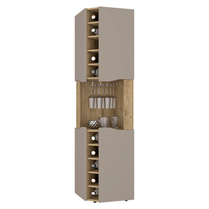 English Elm Macadamia 10-Bottle Bar Cabinet with Taupe Finish, 4 Doors, Cup Rack & Top Shelf for Stylish Storage B062S00076