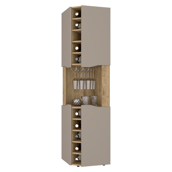 English Elm Macadamia 10-Bottle Bar Cabinet with Taupe Finish, 4 Doors, Cup Rack & Top Shelf for Stylish Storage B062S00076