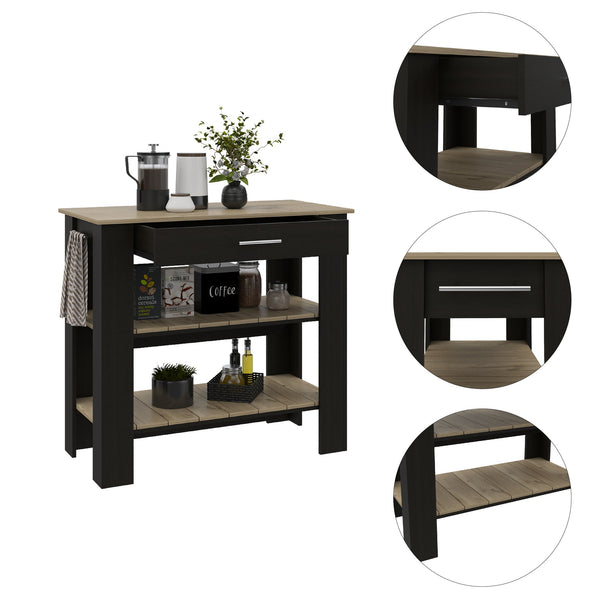 English Elm 1-Drawer Two-Shelf Kitchen Island in Wenge & Light Oak — Contemporary Workspace, Hidden Storage, Compact 40" Wide B06280056