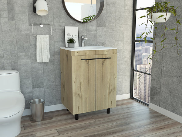 English Elm Light Oak Freestanding Vanity Cabinet with Drop-In Sink, 2 Doors, 2 Shelves, Rectangular 23.8"W x 34.1"H B062S00121