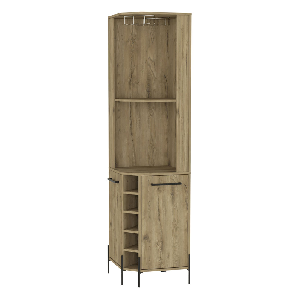 English Elm Macadamia 5-Bottle Bar Cabinet with 2 Shelves, 2 Doors & Cup Rack — Tall 70.8" Storage Unit, Macadamia Finish B062S00110