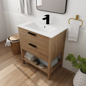 English Elm 30 Inch Bathroom Vanity - Stylish Plywood Design With Soft-Closing Drawers & Easy Installation W999S00061