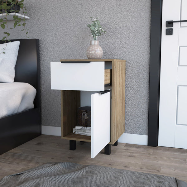 English Elm White White and Pine 1-Drawer Nightstand with Cabinet and Shelf, Elegant Legs, Spacious Top Display B06280710