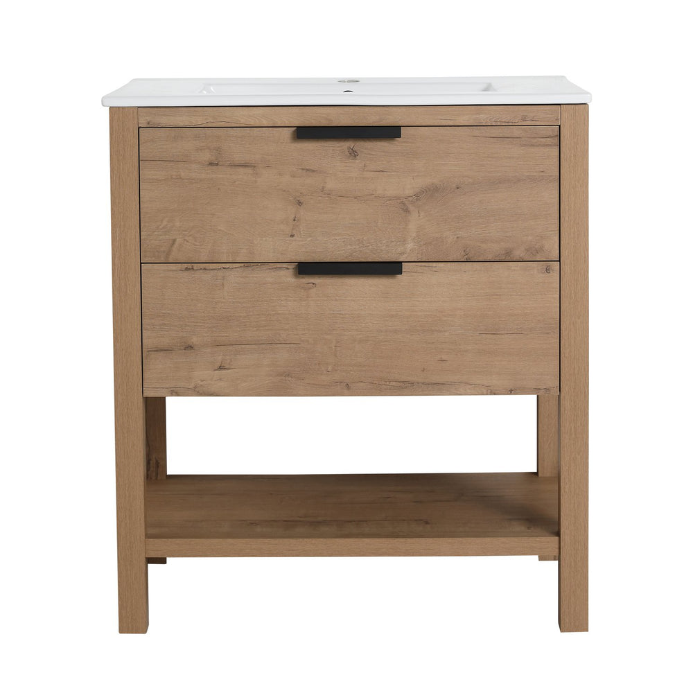 English Elm 30 30 Inch Bathroom Vanity Plywood with 2 Soft-Closing Drawers, Freestanding Wood Feet, Water-Resistant Melamine W99980936