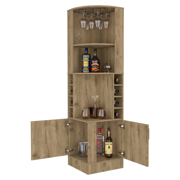 English Elm Macadamia 8-Bottle 2-Shelf Bar Cabinet with Concealed Storage, Display Niche & Upper Decorative Shelf B062P202119