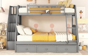 English Elm Twin-over-full Bunk Bed with Storage Staircase Drawers and Pine Wood Frame Gray LT000223AAE
