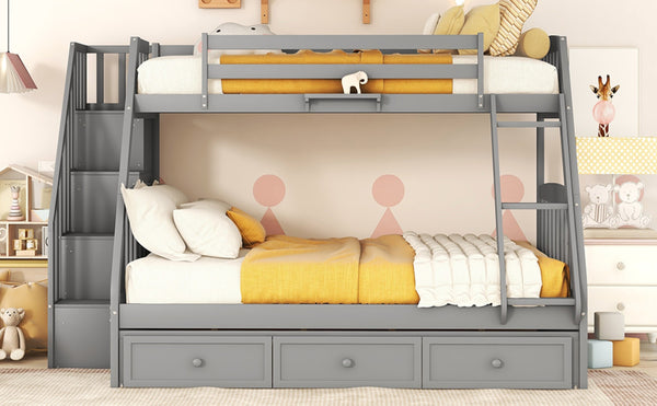 English Elm Twin-over-full Bunk Bed with Storage Staircase Drawers and Pine Wood Frame Gray LT000223AAE