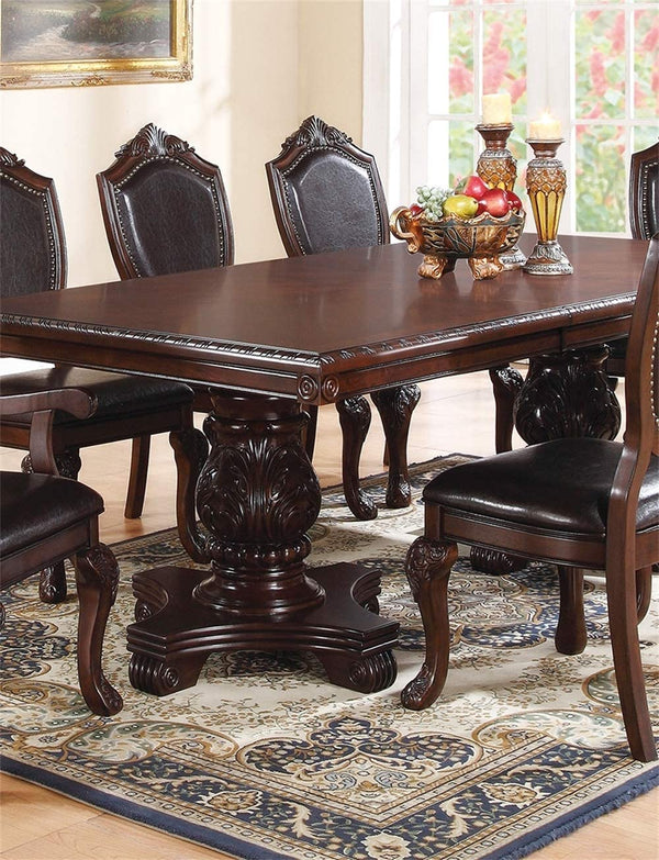English Elm Formal Royal Rectangle Dining Table 66"+18" Leaf Brown Double Pedestal Carved Floral Accents 45"x30" B011S00274
