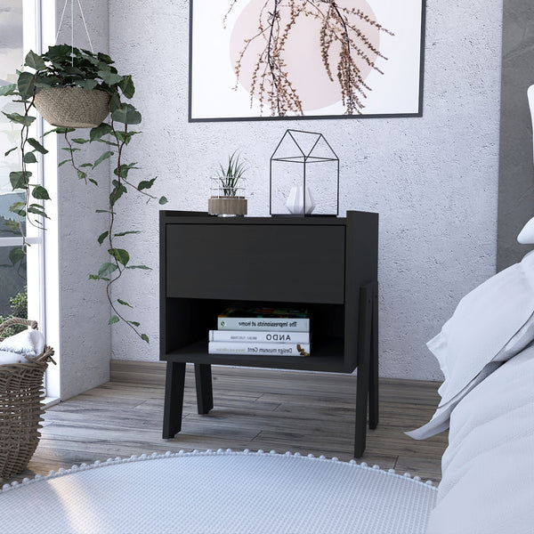 English Elm Wenge Modern 1-Drawer 1-Shelf Nightstand with Metal Rails — Sleek Industrial Style, Durable Storage B06280189