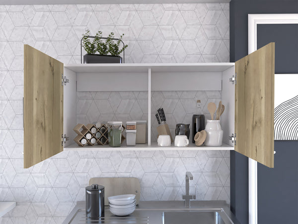 English Elm White White and Light Oak Rectangle 2-Door Wall Cabinet with Shelf, Modern Storage for Bathroom Kitchen B06280327