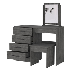 English Elm Stonington Smokey Oak 4-Drawer Makeup Dressing Table with Stool — Elegant Vanity, Ample Storage & Mirror B062S00168