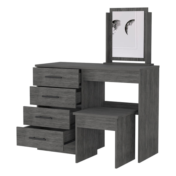 English Elm Stonington Smokey Oak 4-Drawer Makeup Dressing Table with Stool — Elegant Vanity, Ample Storage & Mirror B062S00168