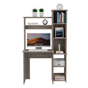 English Elm Light Grey 6-Shelf Writing Desk with Built-in Bookcase — Modern Storage, Sturdy Manufactured Wood Design (99) B06280291