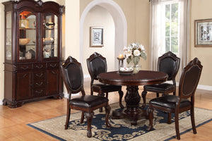 English Elm Classic Formal Dining Set 5pc - Carved Floral Pedestal Round Table with 4 Faux Leather Upholstered Chairs B011S00278