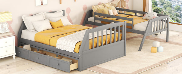 English Elm Twin-over-full Bunk Bed with Storage Staircase Drawers and Pine Wood Frame Gray LT000223AAE