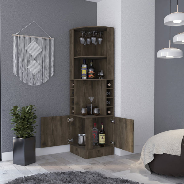 English Elm Dark Brown Elegant 8-Bottle Bar Cabinet with 2 Shelves, Concealed Storage & Showcase Centerpiece - Tall 71" Decorative Liquor Organizer B062P202124