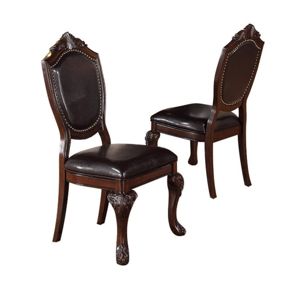 English Elm Classic Formal Dining Set 5pc - Carved Floral Pedestal Round Table with 4 Faux Leather Upholstered Chairs B011S00278
