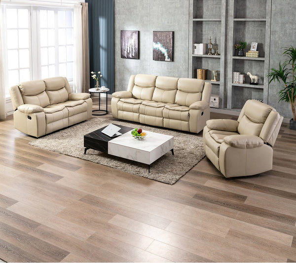 English Elm Breathable Cream Leather Manual Reclining Sofa - 3-Seater For Cozy Living Room Comfort & Style W79164348