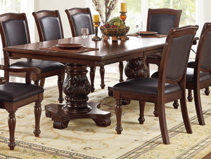 English Elm Majestic Royal Dining Set 9pc — Rubberwood Double Pedestal Table 66"+Leaf, Carved Floral Seats B011S00277