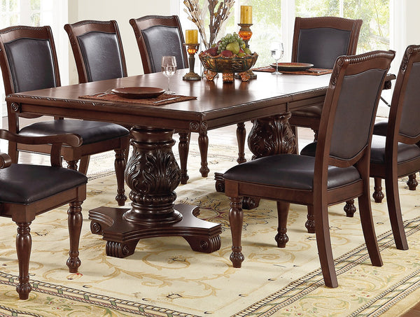 English Elm Majestic Royal Dining Set 9pc — Rubberwood Double Pedestal Table 66"+Leaf, Carved Floral Seats B011S00277