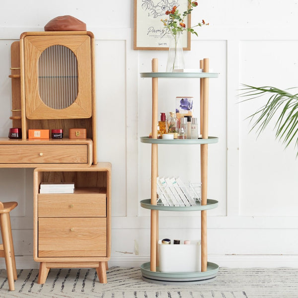 English Elm Storage Shelf Four Tier Rotating Bookcase Beech Wood and Steel Base for Any Room W128367499