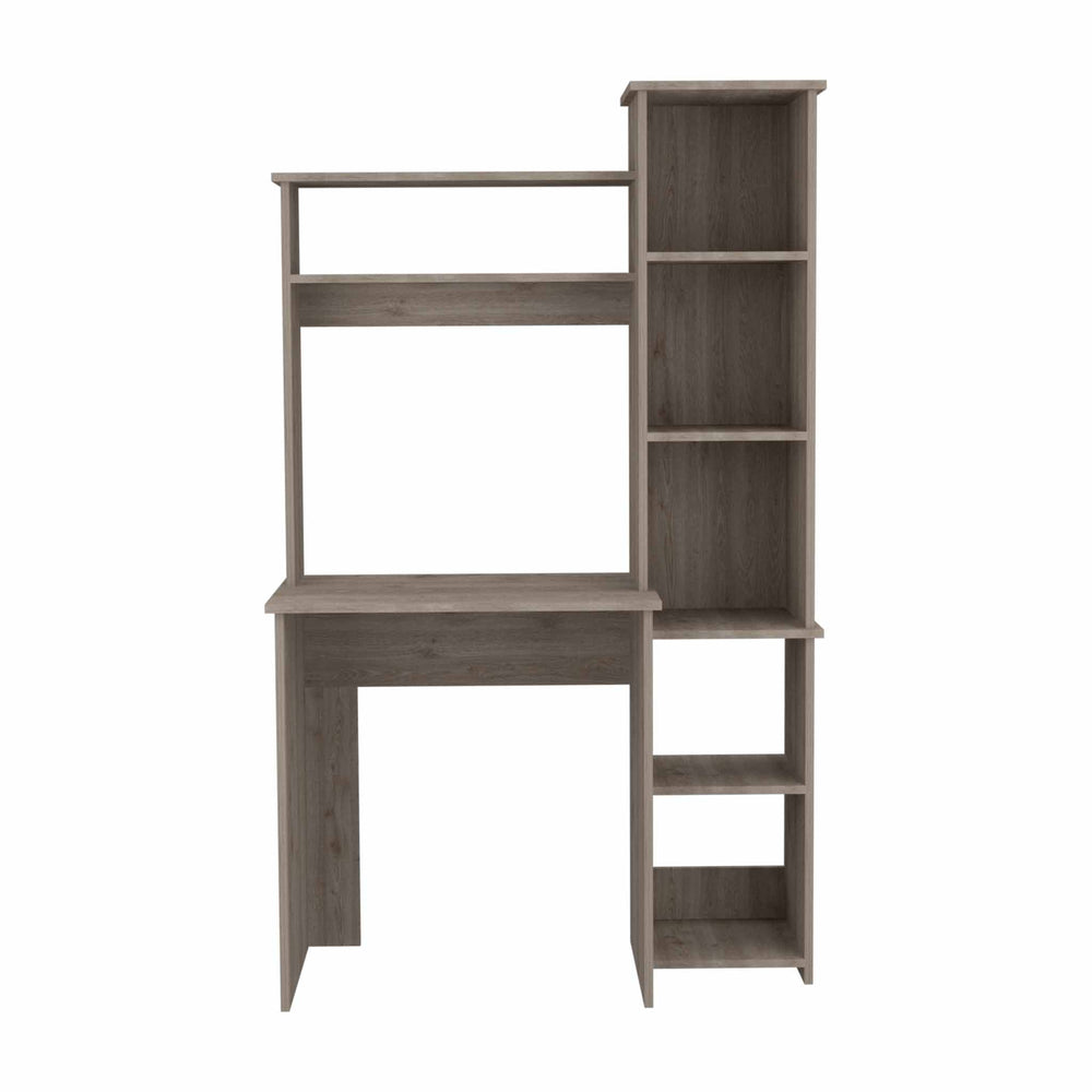 English Elm Light Grey 6-Shelf Writing Desk with Built-in Bookcase — Modern Storage, Sturdy Manufactured Wood Design (99) B06280291