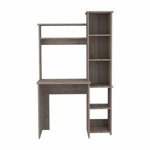English Elm Light Grey 6-Shelf Writing Desk with Built-in Bookcase — Modern Storage, Sturdy Manufactured Wood Design (99) B06280291