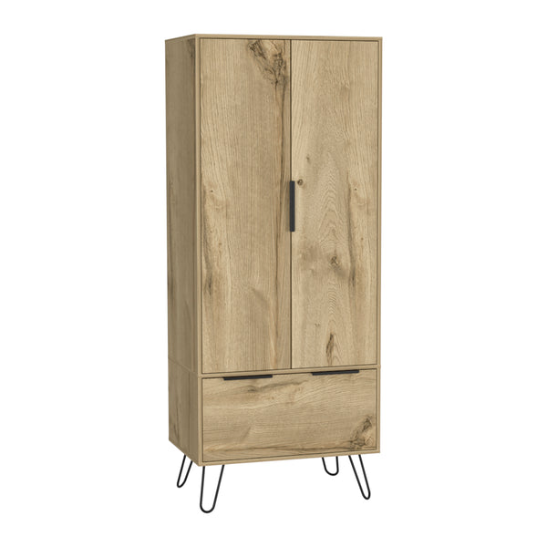 English Elm Light Oak Two-Door Wardrobe with Large Drawer, Hanging Rod & Shelf for Organized Bedrooms B062S00022