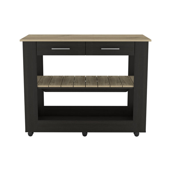 English Elm 2-Drawer Two-Tone Kitchen Island with 2 Shelves Plank-Style Storage Wenge & Light Oak Finish, Stylish Organizer B06280058