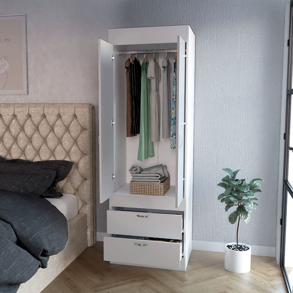 English Elm White 2-Drawer Armoire Slim Tall Closet Organizer with Hanging Rod & Shelves for Wrinkle-Free Storage B062P202117
