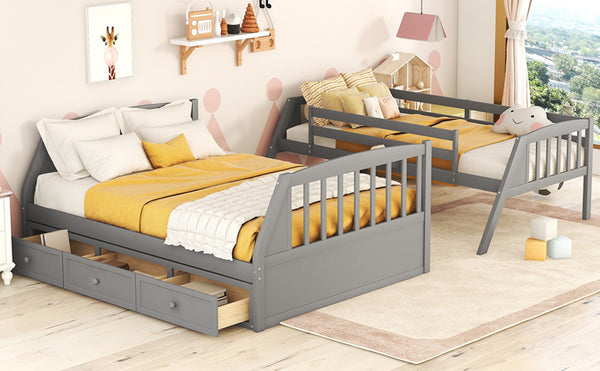 English Elm Twin-over-full Bunk Bed with Storage Staircase Drawers and Pine Wood Frame Gray LT000223AAE