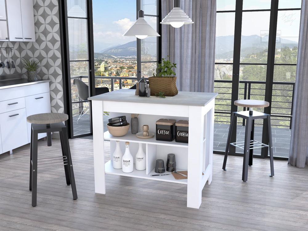 English Elm Rockaway 3-Shelf Kitchen Island With White Finish And Ibiza Marble Top For Stylish Storage Solutions B06280052-GIGA